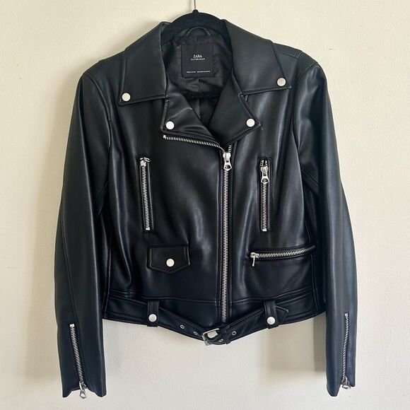 NWT Zara Leather black belted Jacket women’s Medium - Picture 1 of 9